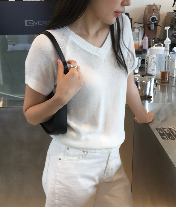 Moani - Korean Women Fashion - #momslook - Linen Salt V-Neck Half Sleeve Knit - 8