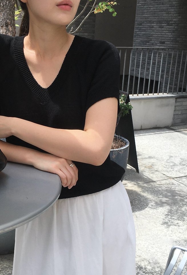 Moani - Korean Women Fashion - #pursuepretty - Linen Salt V-Neck Half Sleeve Knit - 2