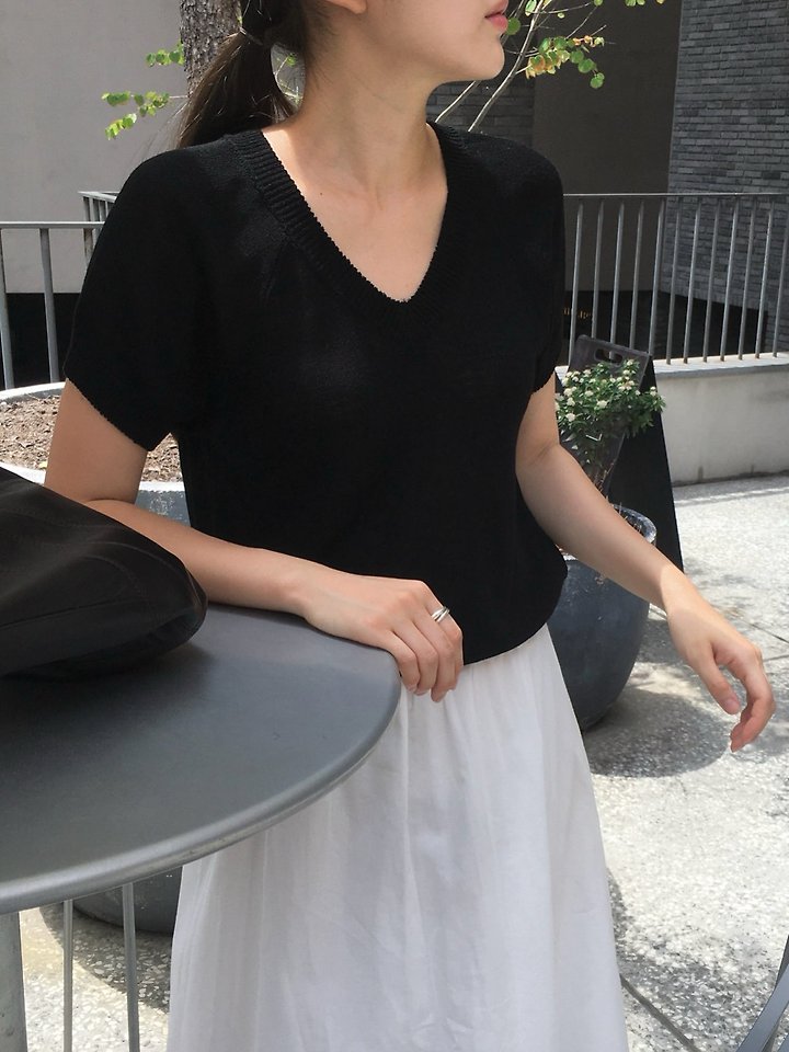 Moani - Korean Women Fashion - #restrostyle - Linen Salt V-Neck Half Sleeve Knit - 3