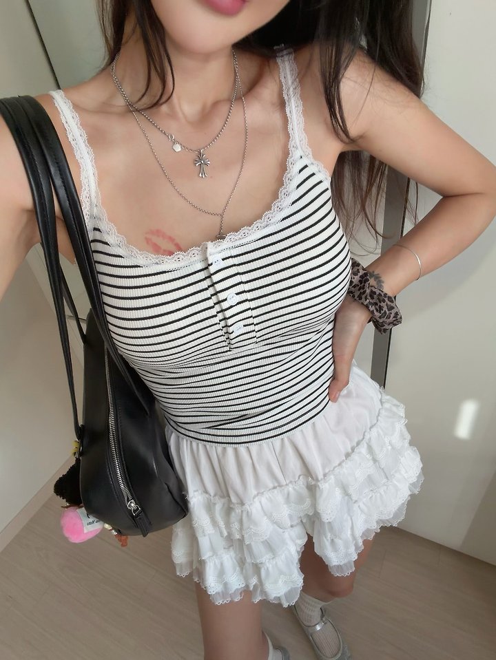 Moran Women - Korean Women Fashion - #momslook - Mono Stripe Lace Sleeveless Top - 8