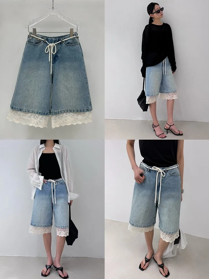 Neroli36 - Korean Women Fashion - #momslook - M Lace Denim Shorts - 3
