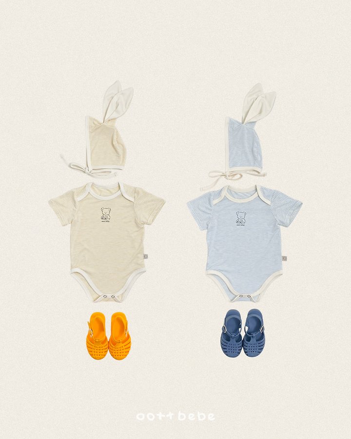Oott Bebe - Korean Children Fashion - #kidsshorts - Chewy Stripe Suit Bonnet Set
