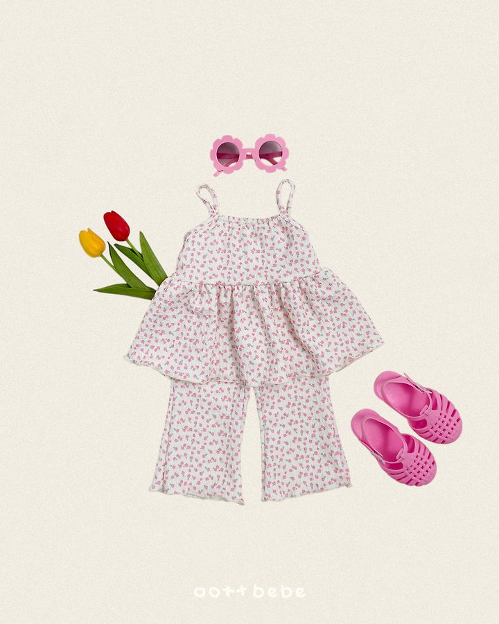 Oott Bebe - Korean Children Fashion - #todddlerfashion - Peach Flower Sleeveless Set - 6