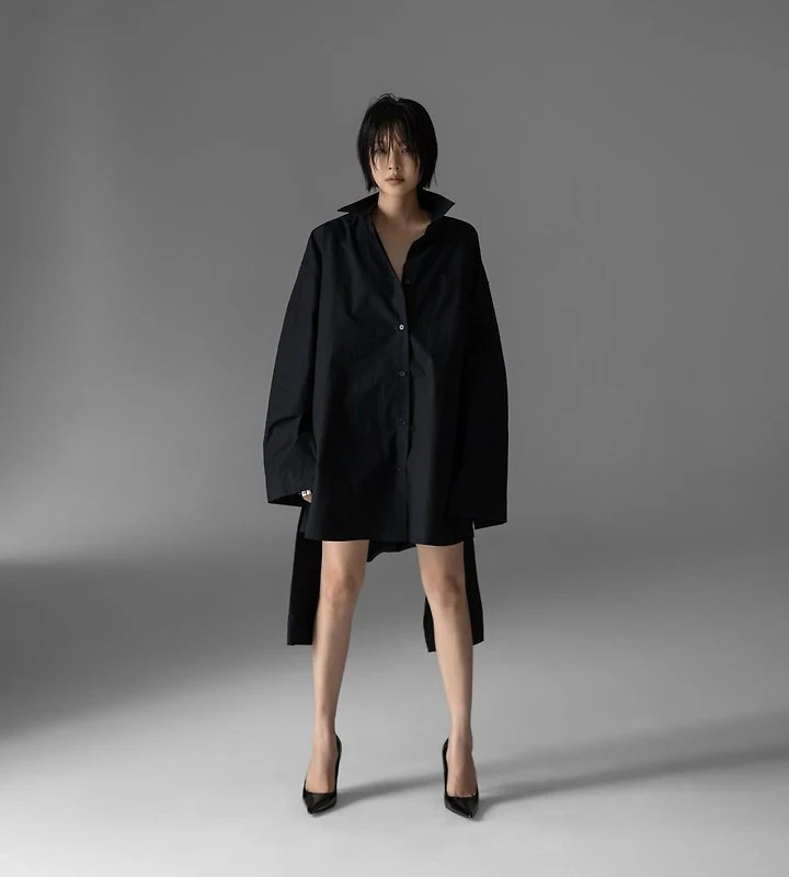 Paper Moon - Korean Women Fashion - #momslook - Oversized Knot Sleeve Detail Button-Down Shirt One-piece - 2