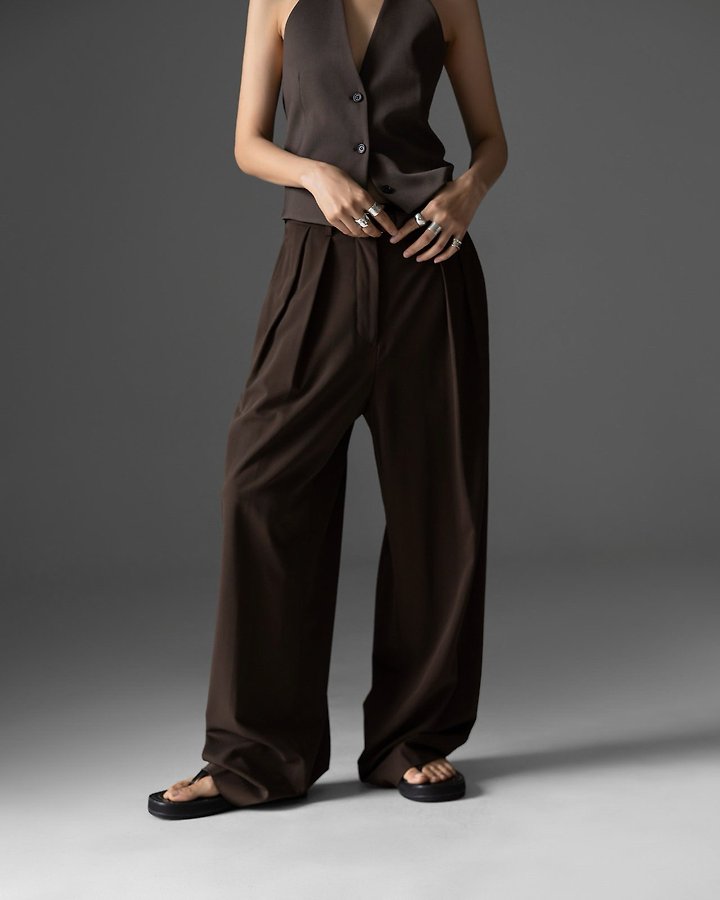 Paper Moon - Korean Women Fashion - #womensfashion - Low Waist Double Pleated Wide Trousers - 4