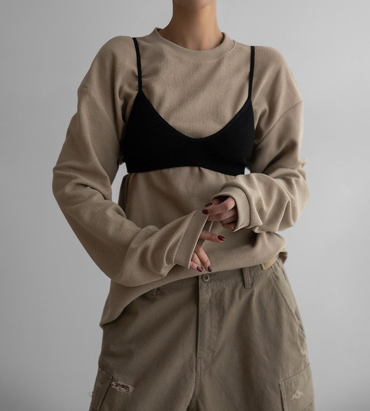 Paper Moon - Korean Women Fashion - #momslook - Waffle Fabric Oversized Long Sleeve Tee