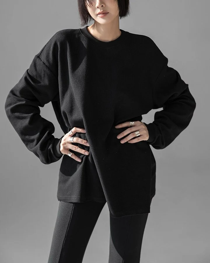 Paper Moon - Korean Women Fashion - #momslook - Waffle Fabric Oversized Long Sleeve Tee - 11
