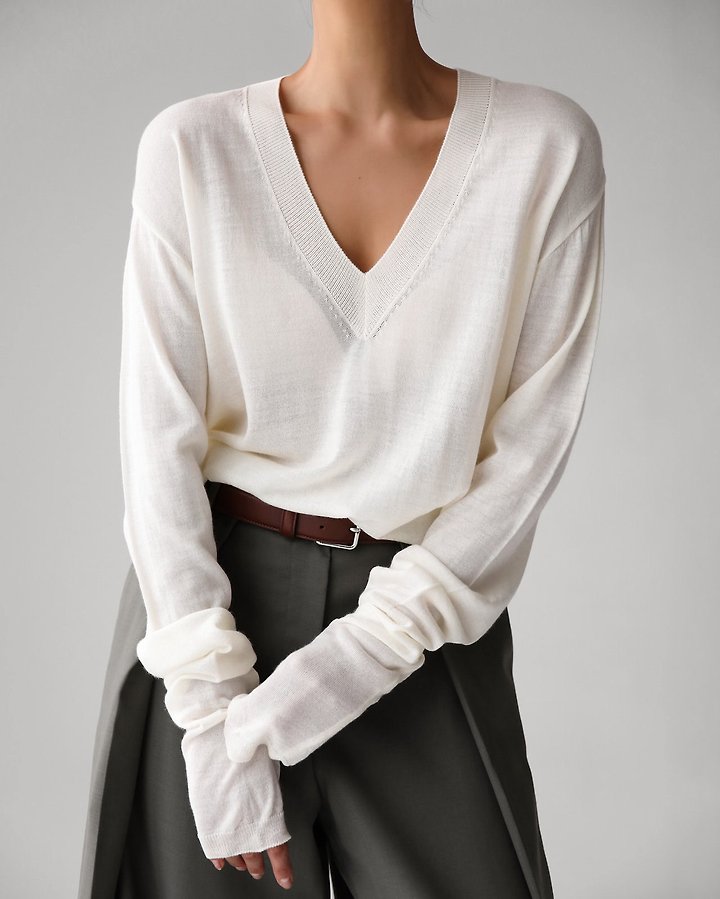 Paper Moon - Korean Women Fashion - #momslook - Wool Silk Deep V-Neck Long Sleeve Knit