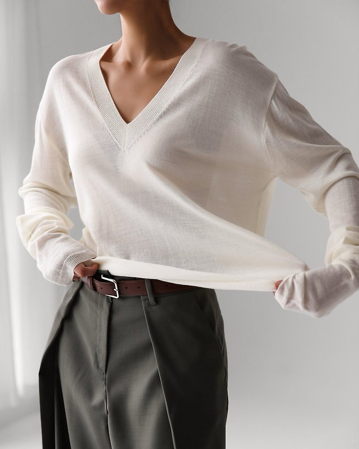 Paper Moon - Korean Women Fashion - #momslook - Wool Silk Deep V-Neck Long Sleeve Knit - 4