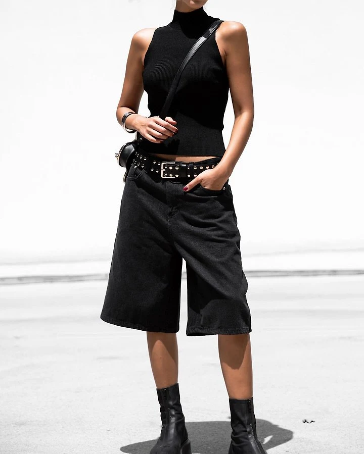 Paper Moon - Korean Women Fashion - #momslook - Classic Wide Bermuda Washed Black Denim Trousers - 3