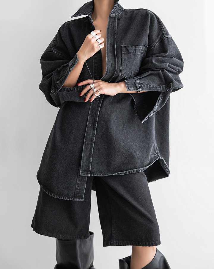 Paper Moon - Korean Women Fashion - #momslook - Maxi Oversized Washed Denim Button-Down Shirt