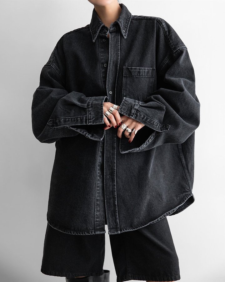 Paper Moon - Korean Women Fashion - #momslook - Maxi Oversized Washed Denim Button-Down Shirt - 2