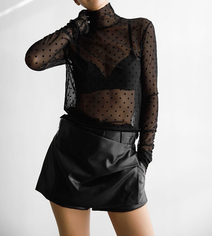 Paper Moon - Korean Women Fashion - #momslook - Dot Mesh Sheer Turtleneck Long Sleeve Tee - 3