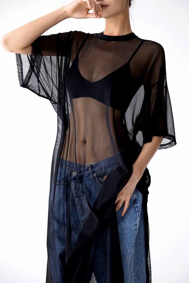 Paper Moon - Korean Women Fashion - #momslook - Oversized Mesh Sheer One-Slit One-piece - 2
