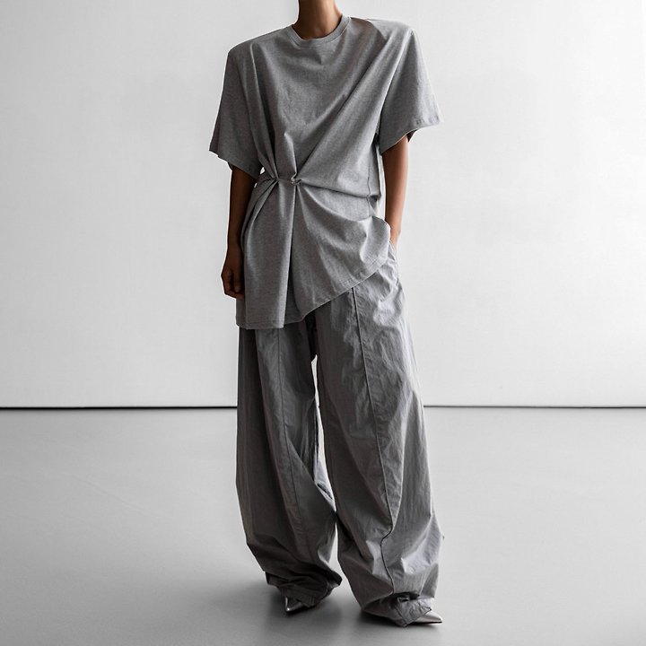 Paper Moon - Korean Women Fashion - #momslook - Pleated Pinch Pin Detail Oversized Shoulder Padded Tee - 2
