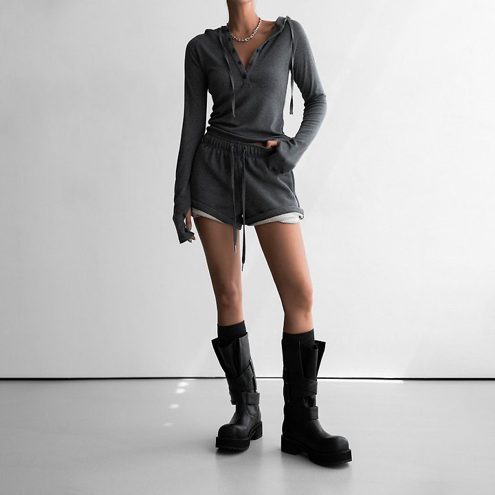 Paper Moon - Korean Women Fashion - #womensfashion - Finger Hole Sleeve Button Point Jersey Hoodie - 4