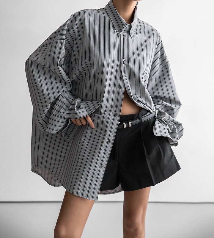 Paper Moon - Korean Women Fashion - #momslook - Oversized Stripe Pocket Button-Down Shirt