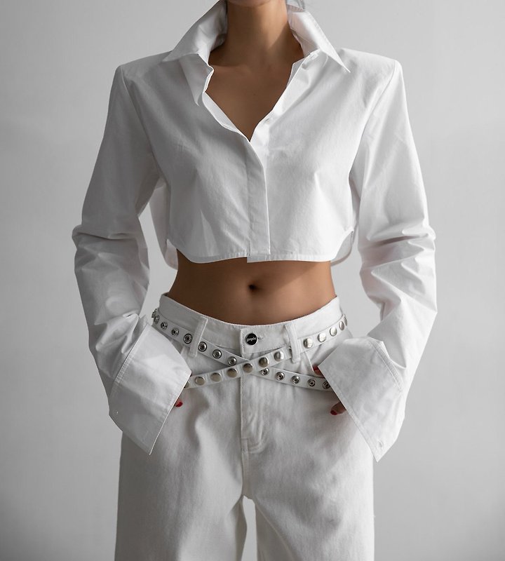 Paper Moon - Korean Women Fashion - #momslook - Classic Shoulder Pad Crop Button-Down Shirt