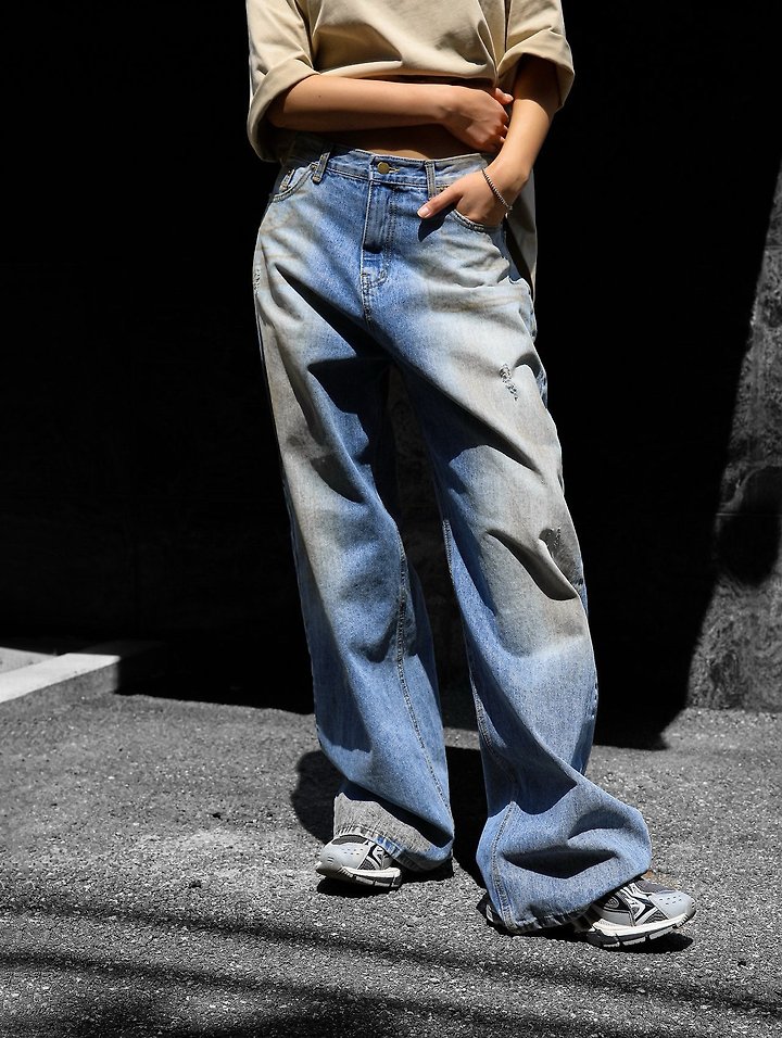 Paper Moon - Korean Women Fashion - #momslook - Dusty Mud Washed Wide Denim Trousers