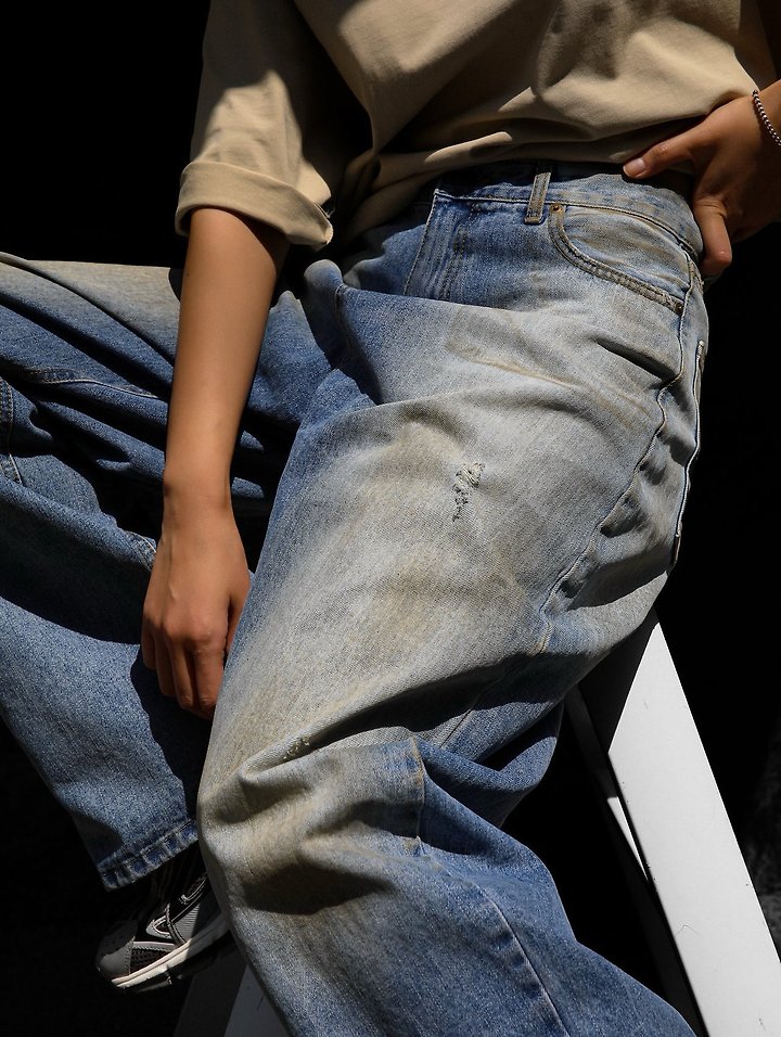 Paper Moon - Korean Women Fashion - #momslook - Dusty Mud Washed Wide Denim Trousers - 3