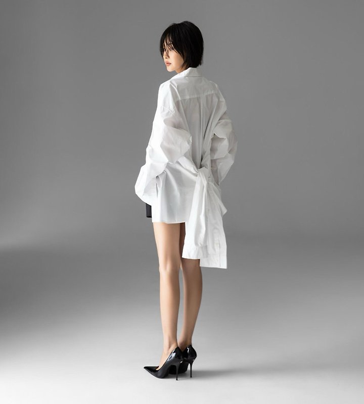 Paper Moon - Korean Women Fashion - #womensfashion - Oversized Knot Sleeve Detail Button-Down Shirt One-piece - 4