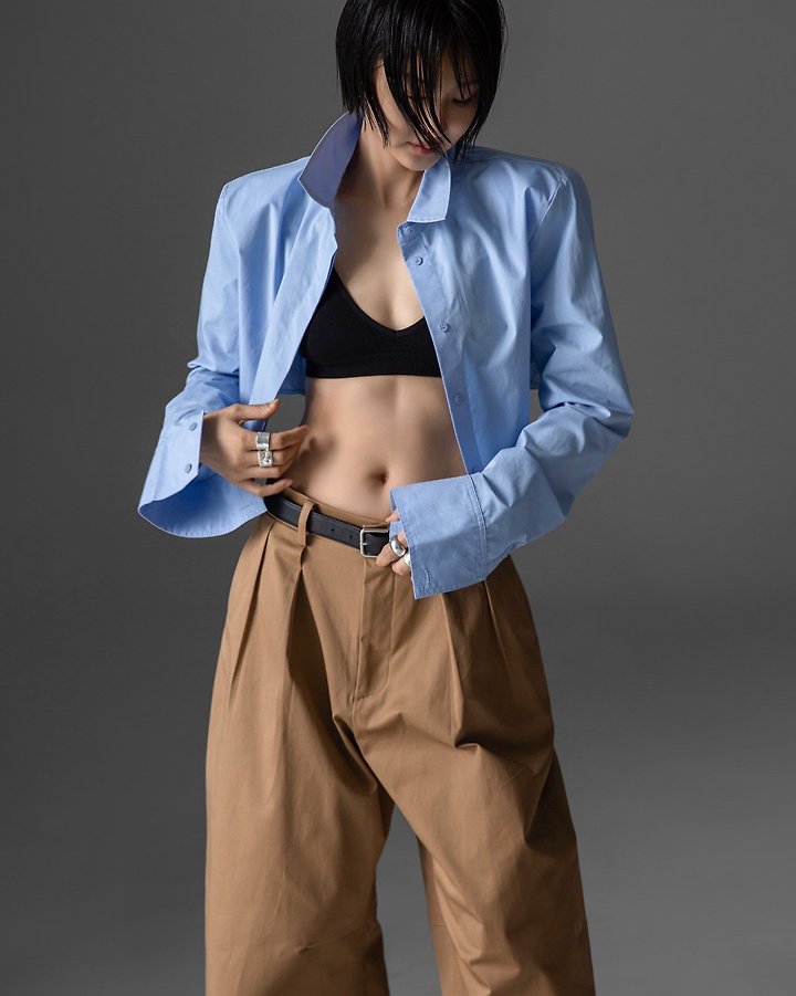 Paper Moon - Korean Women Fashion - #momslook - Classic Shoulder Pad Crop Button-Down Shirt - 5