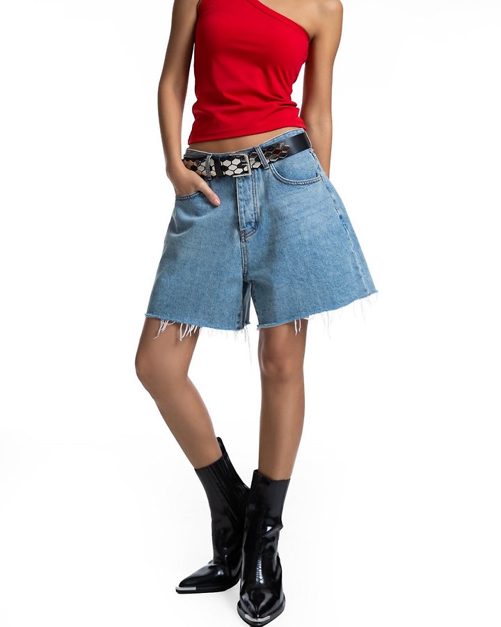 Paper Moon - Korean Women Fashion - #momslook - Cut Detail Vintage Oversized Denim Shorts