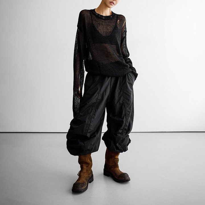 Paper Moon - Korean Women Fashion - #momslook - Nylon Drawstring Wide Twist Pattern Trousers - 3