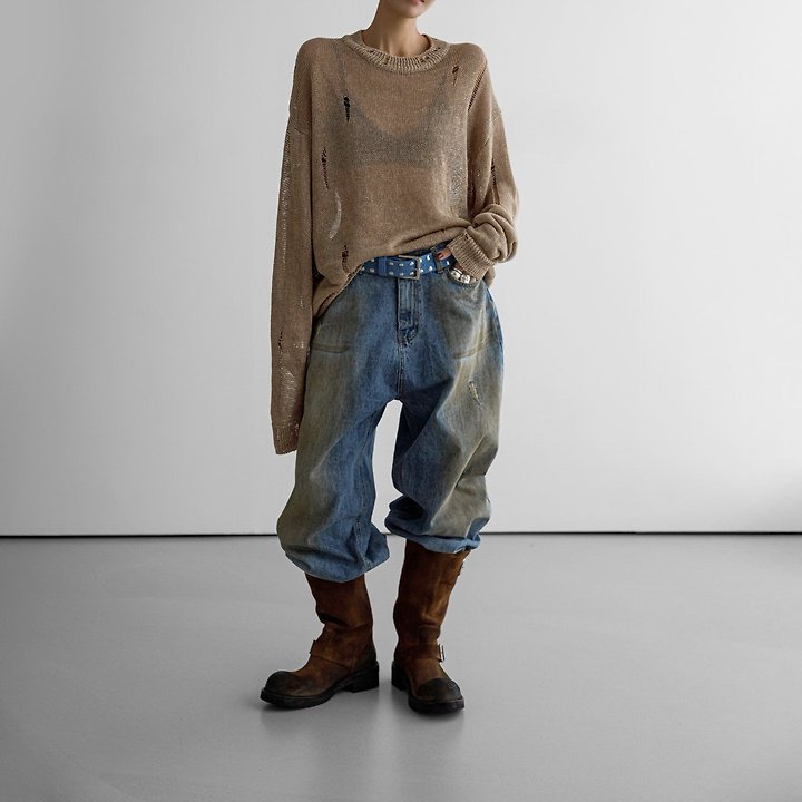 Paper Moon - Korean Women Fashion - #momslook - Dusty Mud Washed Wide Denim Trousers - 2