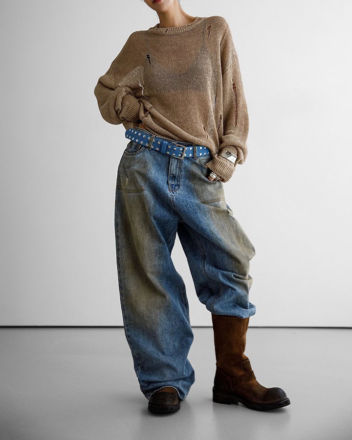 Paper Moon - Korean Women Fashion - #momslook - Dusty Mud Washed Wide Denim Trousers - 6