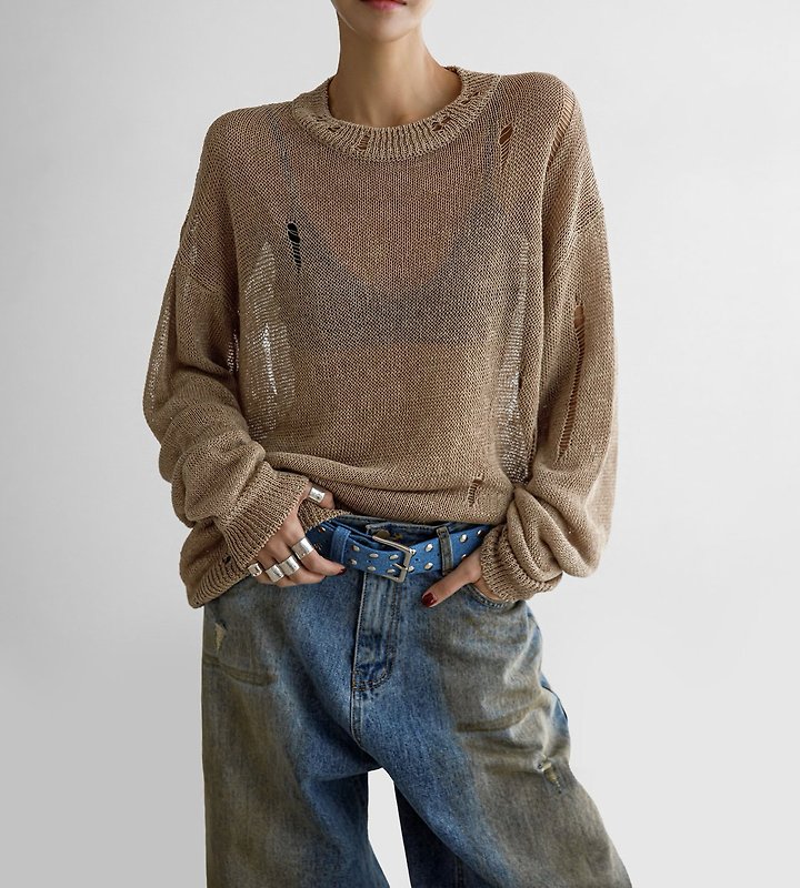 Paper Moon - Korean Women Fashion - #momslook - Distressed Sheer Linen Knit