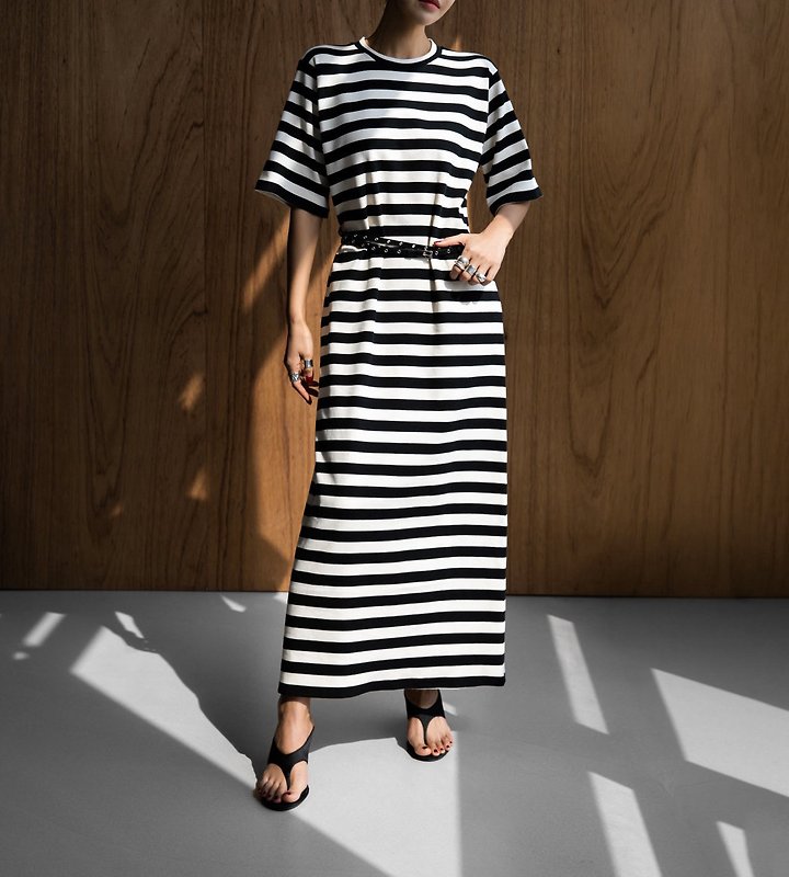 Paper Moon - Korean Women Fashion - #momslook - Striped Pattern Ribbed Maxi One-piece - 2