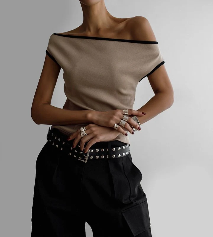 Paper Moon - Korean Women Fashion - #momslook - Contrast Off Shoulder Tee