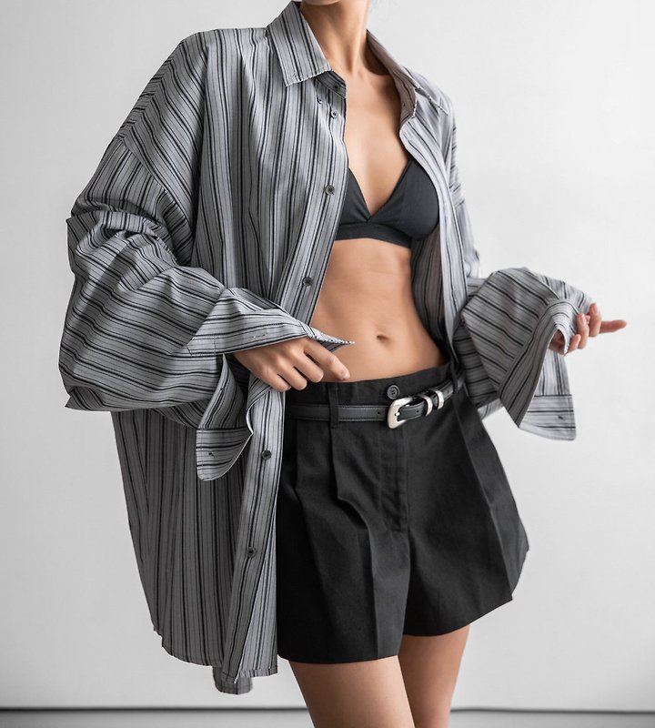Paper Moon - Korean Women Fashion - #momslook - Oversized Striped Pattern Pocket Button Down Shirt