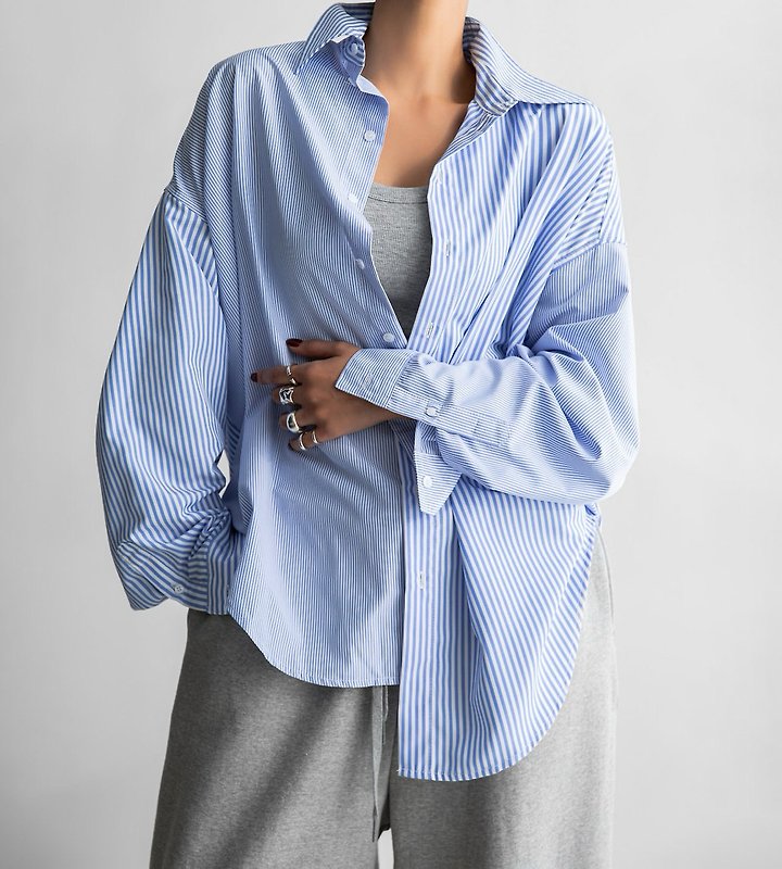 Paper Moon - Korean Women Fashion - #momslook - Oversized Striped Combi Button Down Shirt