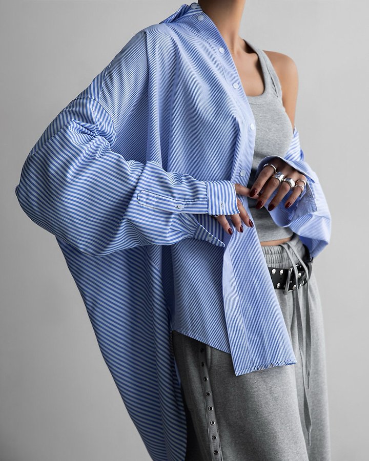 Paper Moon - Korean Women Fashion - #momslook - Oversized Striped Combi Button Down Shirt - 3