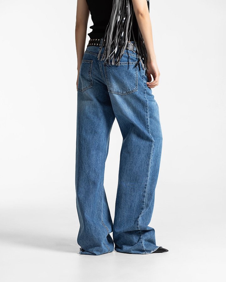 Paper Moon - Korean Women Fashion - #momslook - Classic Raw-Cut Wide Fit Mid Blue Jeans - 6