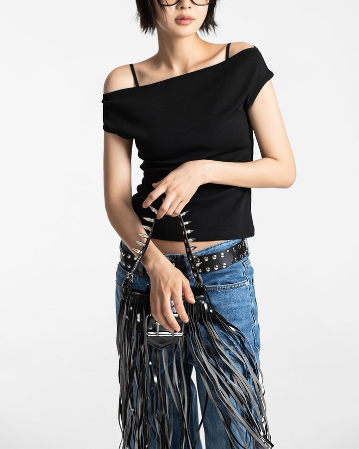 Paper Moon - Korean Women Fashion - #momslook - Contrast Off Shoulder Tee