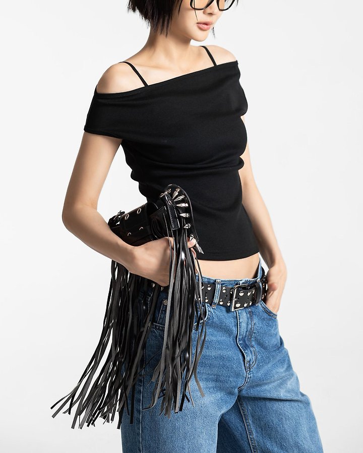 Paper Moon - Korean Women Fashion - #momslook - Contrast Off Shoulder Tee - 7