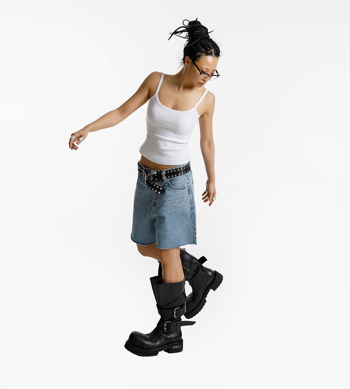 Paper Moon - Korean Women Fashion - #romanticstyle - Cut Detail Vintage Oversized Denim Shorts - 3