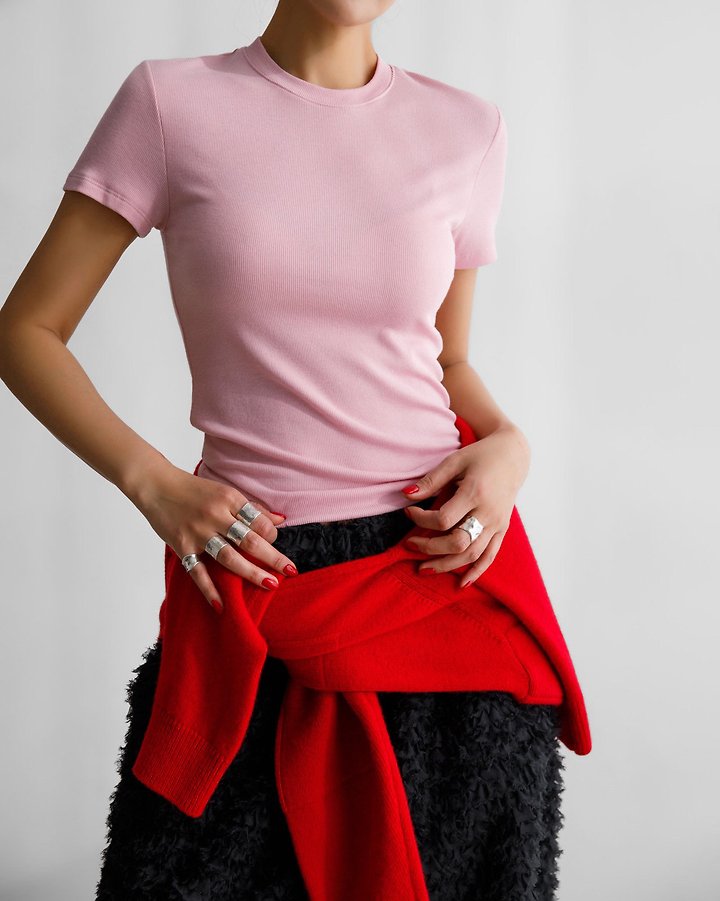 Paper Moon - Korean Women Fashion - #romanticstyle - Ribbed Slim Crewneck Basic Tee - 5