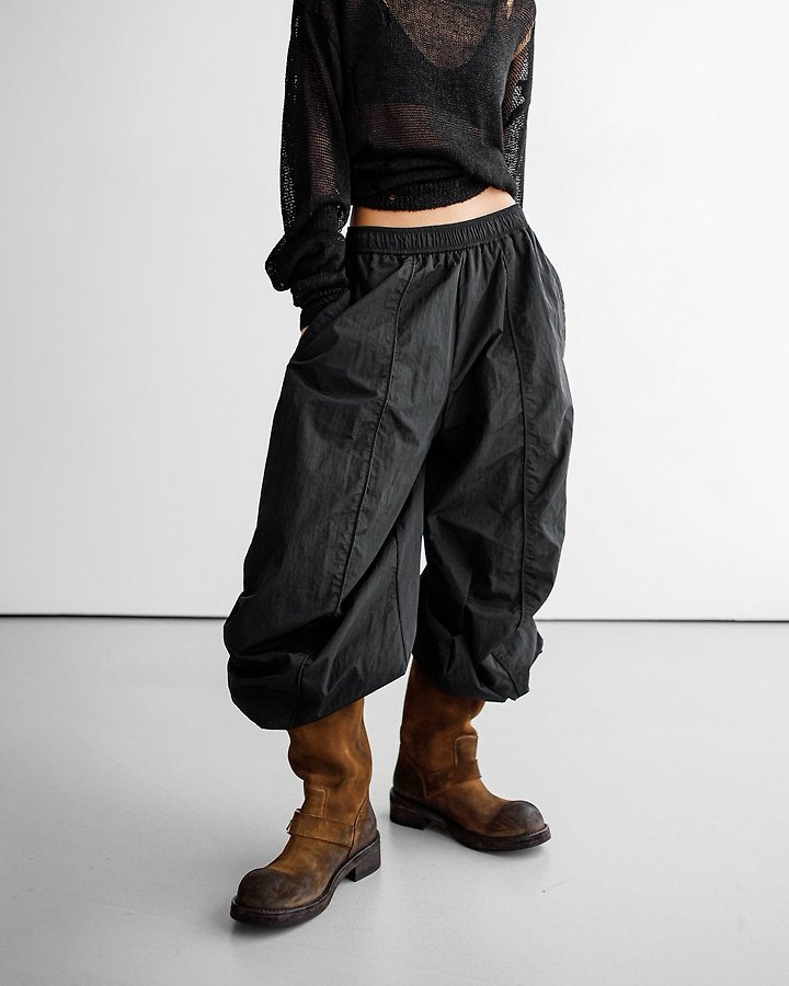 Paper Moon - Korean Women Fashion - #thatsdarling - Nylon Drawstring Wide Twist Pattern Trousers