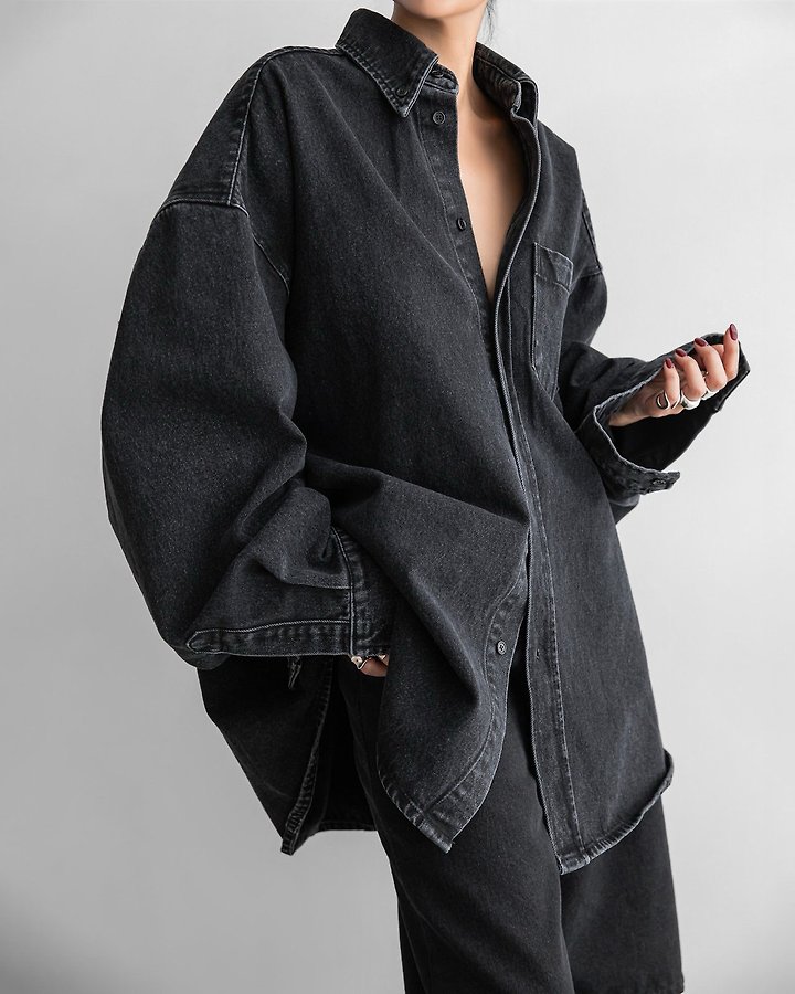 Paper Moon - Korean Women Fashion - #womensfashion - Maxi Oversized Washed Denim Button-Down Shirt - 4