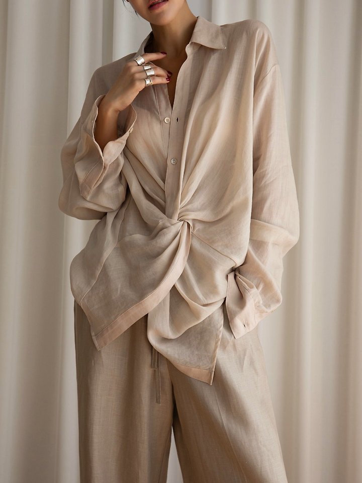 Paper Moon - Korean Women Fashion - #vintageinspired - Draped Knot Linen Shirt - 5