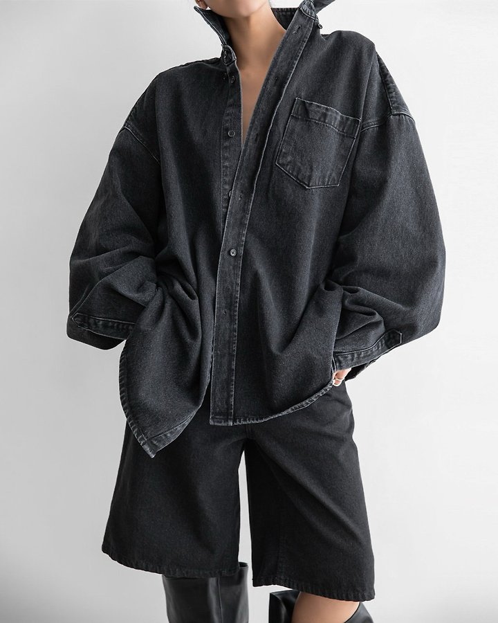 Paper Moon - Korean Women Fashion - #vintagekidsstyle - Maxi Oversized Washed Denim Button-Down Shirt - 5