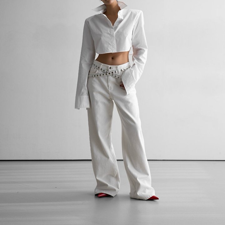 Paper Moon - Korean Women Fashion - #vintageinspired - Classic Shoulder Pad Crop Button-Down Shirt - 4