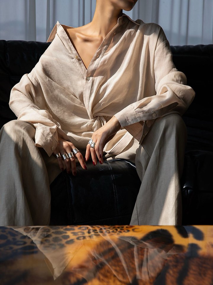 Paper Moon - Korean Women Fashion - #vintagekidsstyle - Draped Knot Linen Shirt - 6
