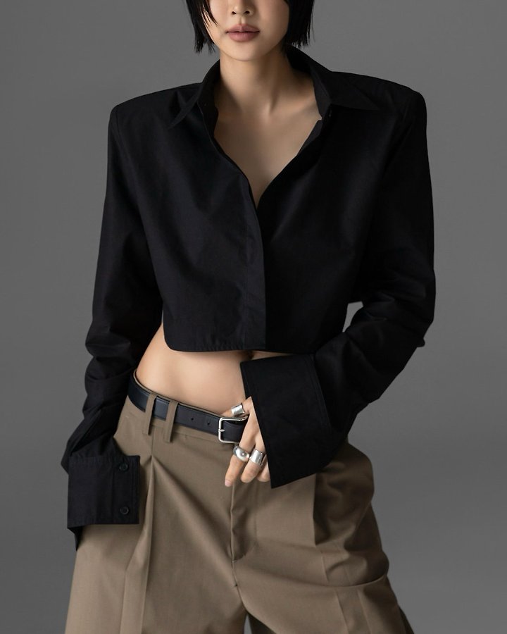 Paper Moon - Korean Women Fashion - #vintagekidsstyle - Classic Shoulder Pad Crop Button-Down Shirt