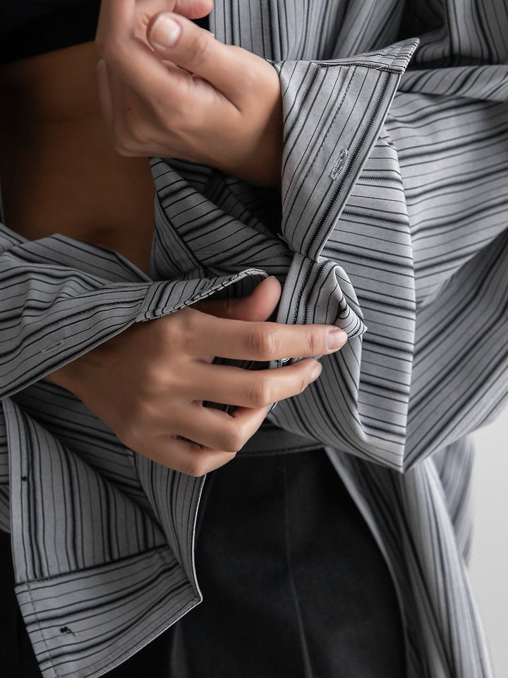 Paper Moon - Korean Women Fashion - #vintagekidsstyle - Oversized Striped Pattern Pocket Button Down Shirt - 5