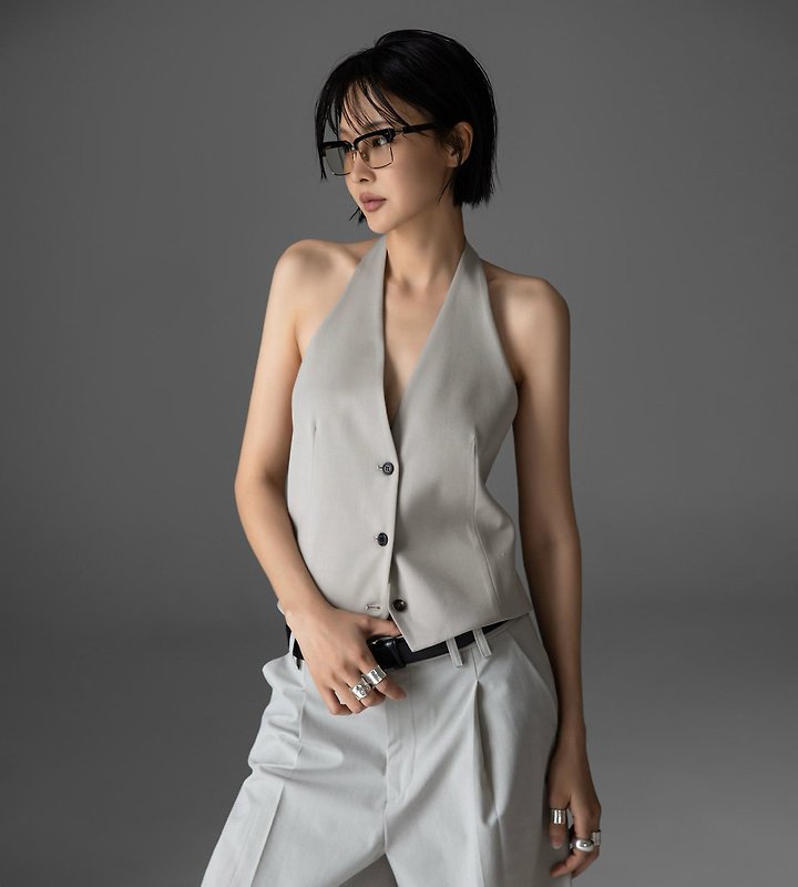 Paper Moon - Korean Women Fashion - #momslook - Back Open Tailored Halter Neck Vest - 4
